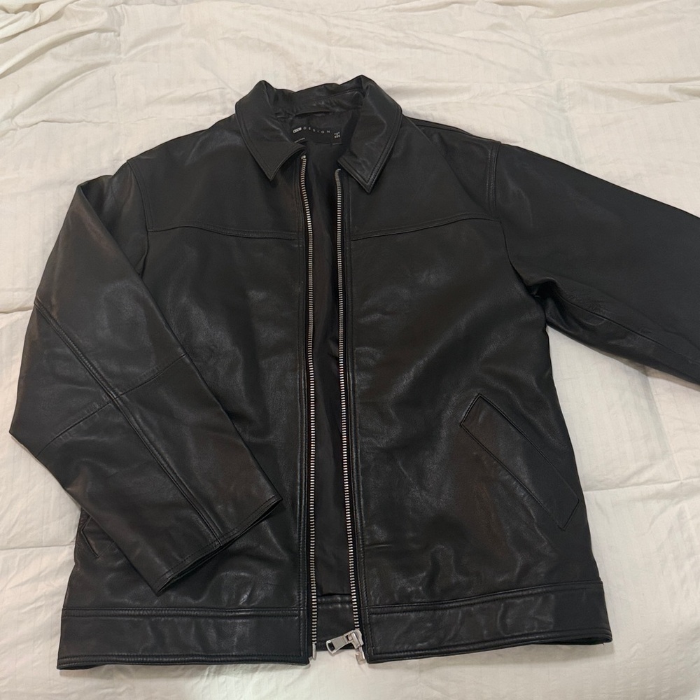 ASOS DESIGN top collar premium leather jacket in black
